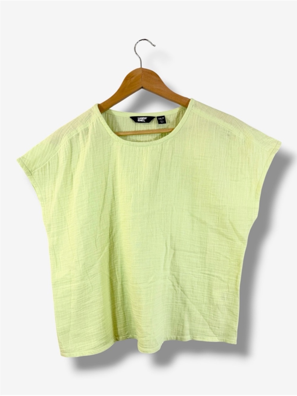 Lands End Gauze Cotton Boxy Top XS 2/4 Neon Yellow Green Oversized Casual Summer